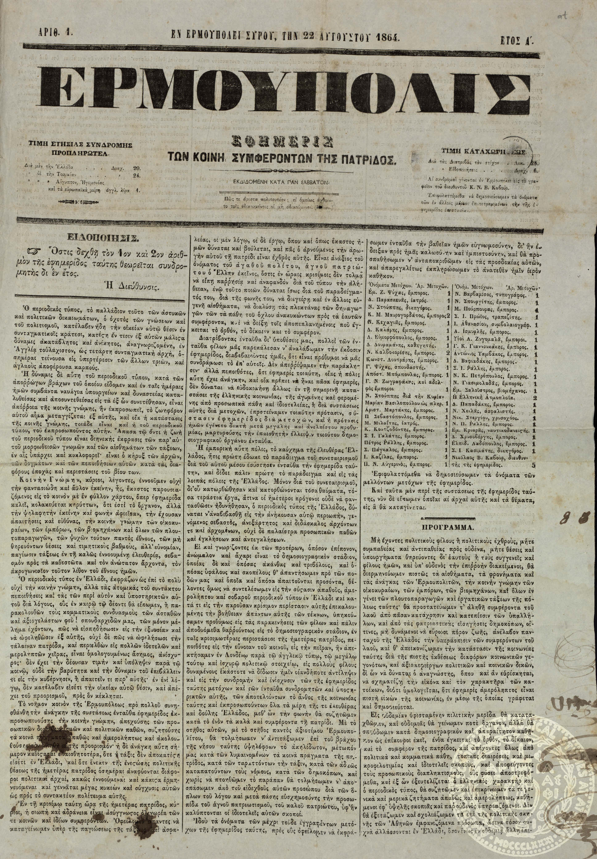 Ερμούπολις. Εφημερίς των κοινή συμφερόντων της πατρίδος.
